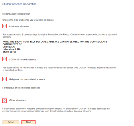 Student Absence Declatation options in Quest.