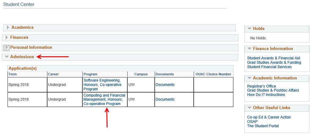 List of program applications in Admission Application(s) in Quest