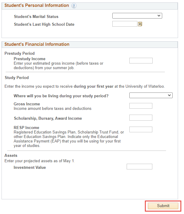 Student's Personal Information and Student's Financial Information fillable sections in Quest.