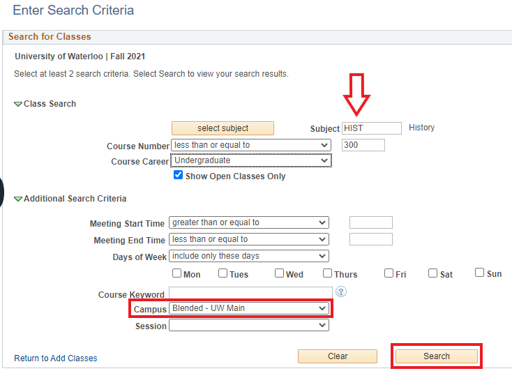 Search Criteria in Quest with HIST (History) 300 as an example and Search button highlighted.