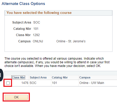 Alternate Class Options with select box highlighted and OK button highlighted.