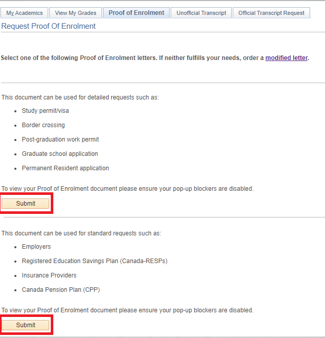 Proof of Enrolment select options in Quest.