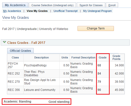 Grades information listed in Quest for desired term.