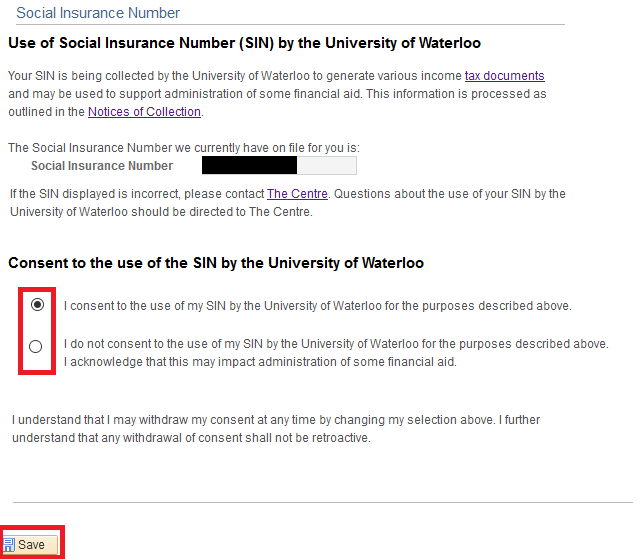 Social Insurance Number displayed in Quest with consent options and save button highlighted.