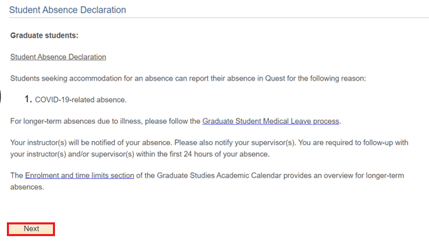 Student Absence Declaration highlighting Next button.