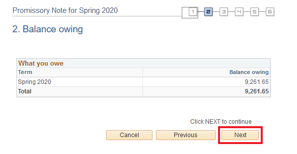 Balance owing in Quest Promissory Note with Next button highlighted.