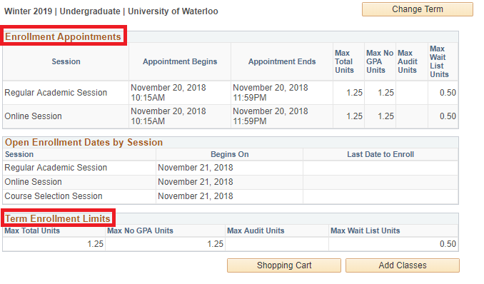 Personalized list of Enrollment Appointments and Term Enrollment Limits in Quest.