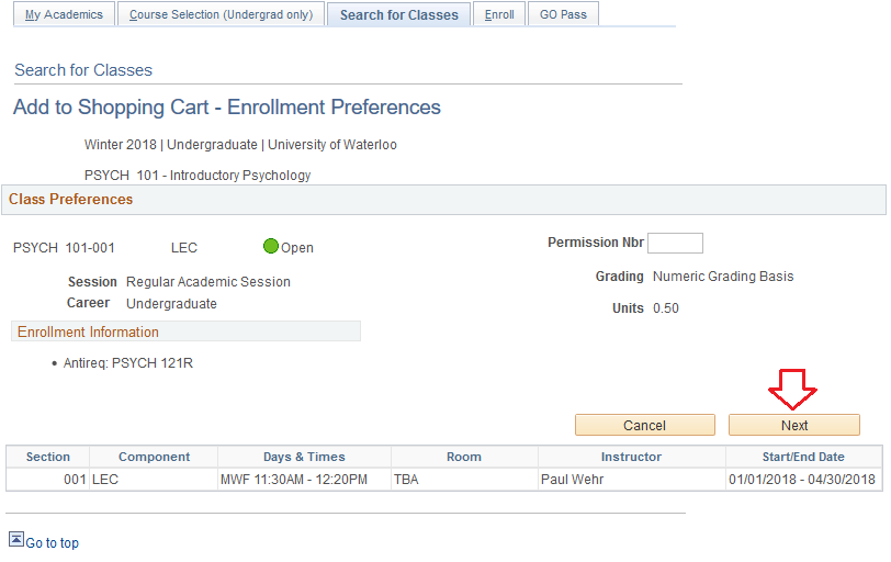 Add Shopping Cart - Enrollment Preferences with Next button highlighted.