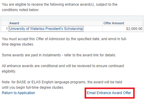 Option to email Entrance Award Offer to yourself in Quest.
