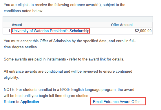 Option to email Entrance Award Offer to yourself in Quest.