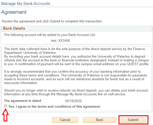 Bank account terms and conditions in Quest.