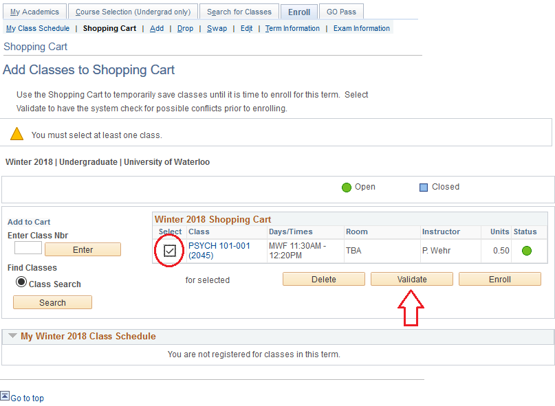 Add Classes to Shopping Cart with check mark under Select and Validate button highlighted.