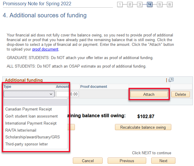 Additional sources of funding in Quest Promissory Note with all types of funding listed and Attch button highlighted.