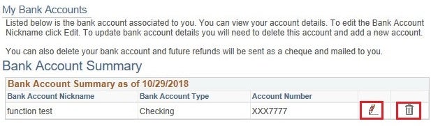 New bank account listed in My Bank Accounts in Quest with edit and delete button highlighted.