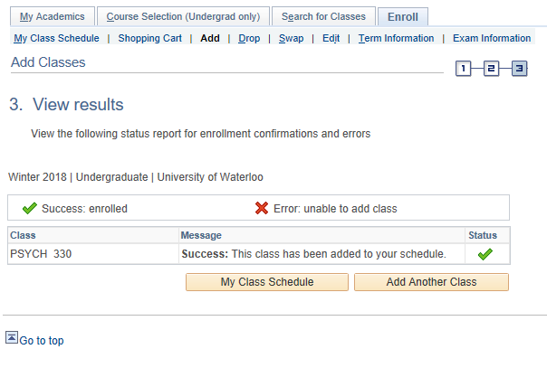 Screenshot of enrolment results in Quest.