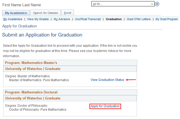 Submit an Application for Graduation section in Quest and Apply for Graduation button highlighted.