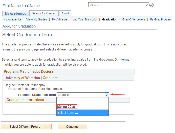 Select Graduation Term section in Quest.