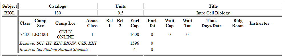 BIOL 130 asynchronous screenshot from Schedule of Classes.