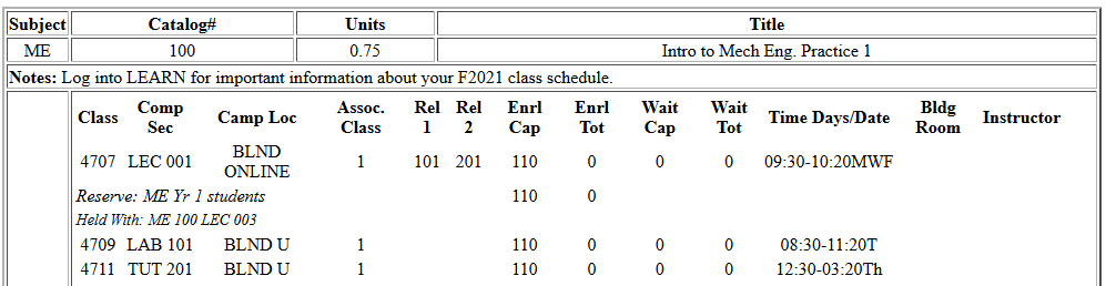 ME 100 synchronous screenshot from Schedule of Classes.