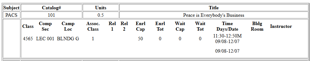 PACS 101 blended components screenshot from Schedule of Classes.