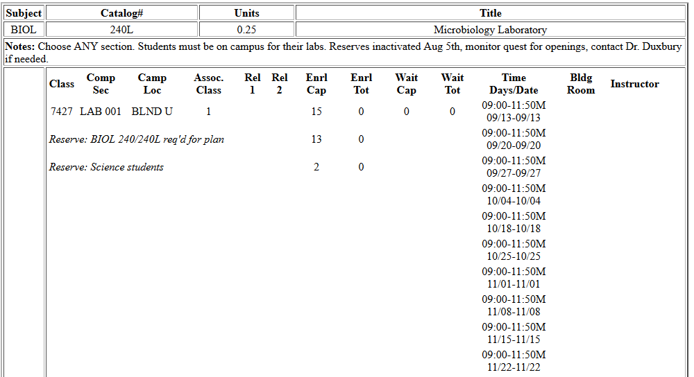 BIOL 240L blended screenshot from Schedule of Classes.