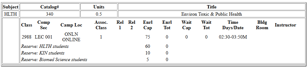 HLTH 340 synchronous screenshot from Schedule of Classes.