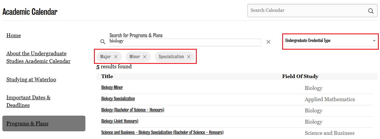 Major, minor, specilization filters applied to Programs & Plans in the Undergraduate Studies Academic Calendar.