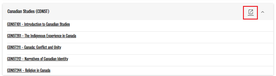 Canadian Studies (CDNST) expand button highlighted in the Undergraduate Studies Academic Calendar.