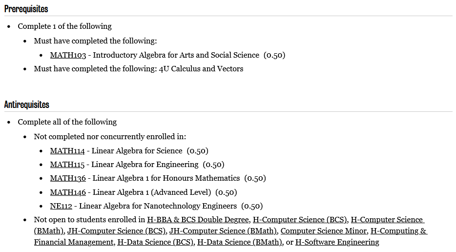 Prerequisite and antirequisite list for program plan in Academic Calendar.