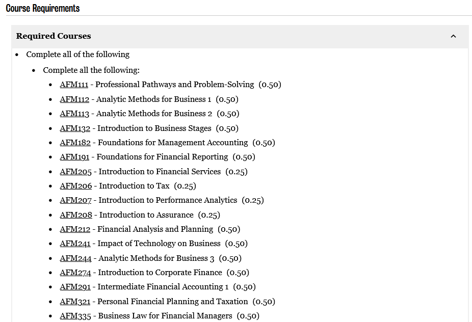 Required courses for program plan in Academic Calendar.