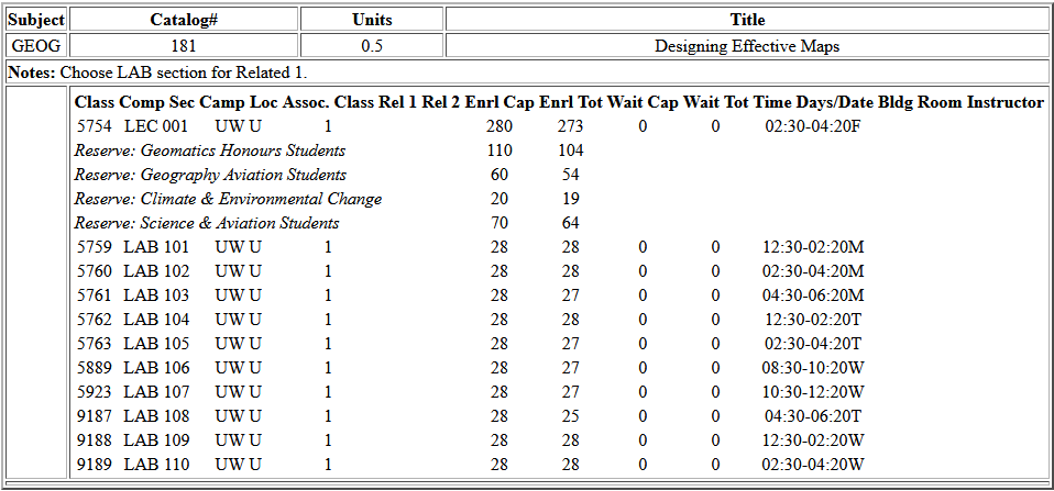 Sample schedule of classes listing for GEOG 181.