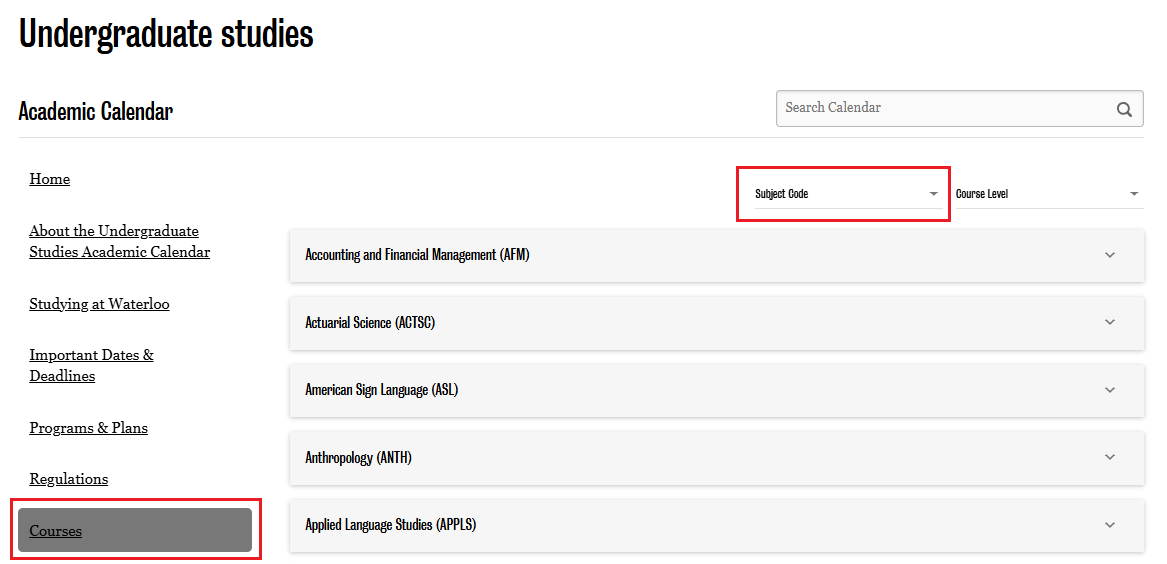 Searching for a course in the Undergraduate Studies Academic Calendar.