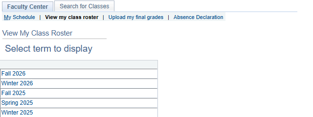 Class roster term listing