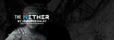 The Nether title text. Overtop a graphic of a man's looming shadow behind a young girl. His hand is on her shoulder.