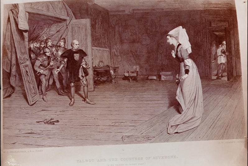 Man encountering woman in front of door followed by soldiers. 