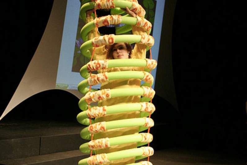 Person standing in spirally monster costume