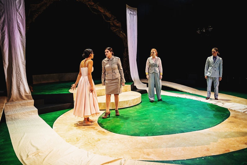 Egeia (Isabella Renzella) berates her daughter Hermia (Rivanna Laslavic) for the latter's failure to obey her mother's wishes, while the Athenian Nobles (Lysandra and Demetrius, not pictured: Theseus and Hippolyta) look on.