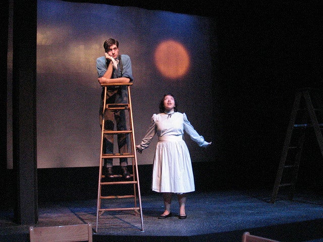 Man on a ladder with a woman standing next to him