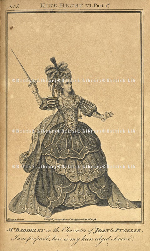 Period woman standing on hoop skirt holding sword aloft in right hand.
