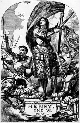 Woodcut of Joan of Arc on a placard saying Henry VI.
