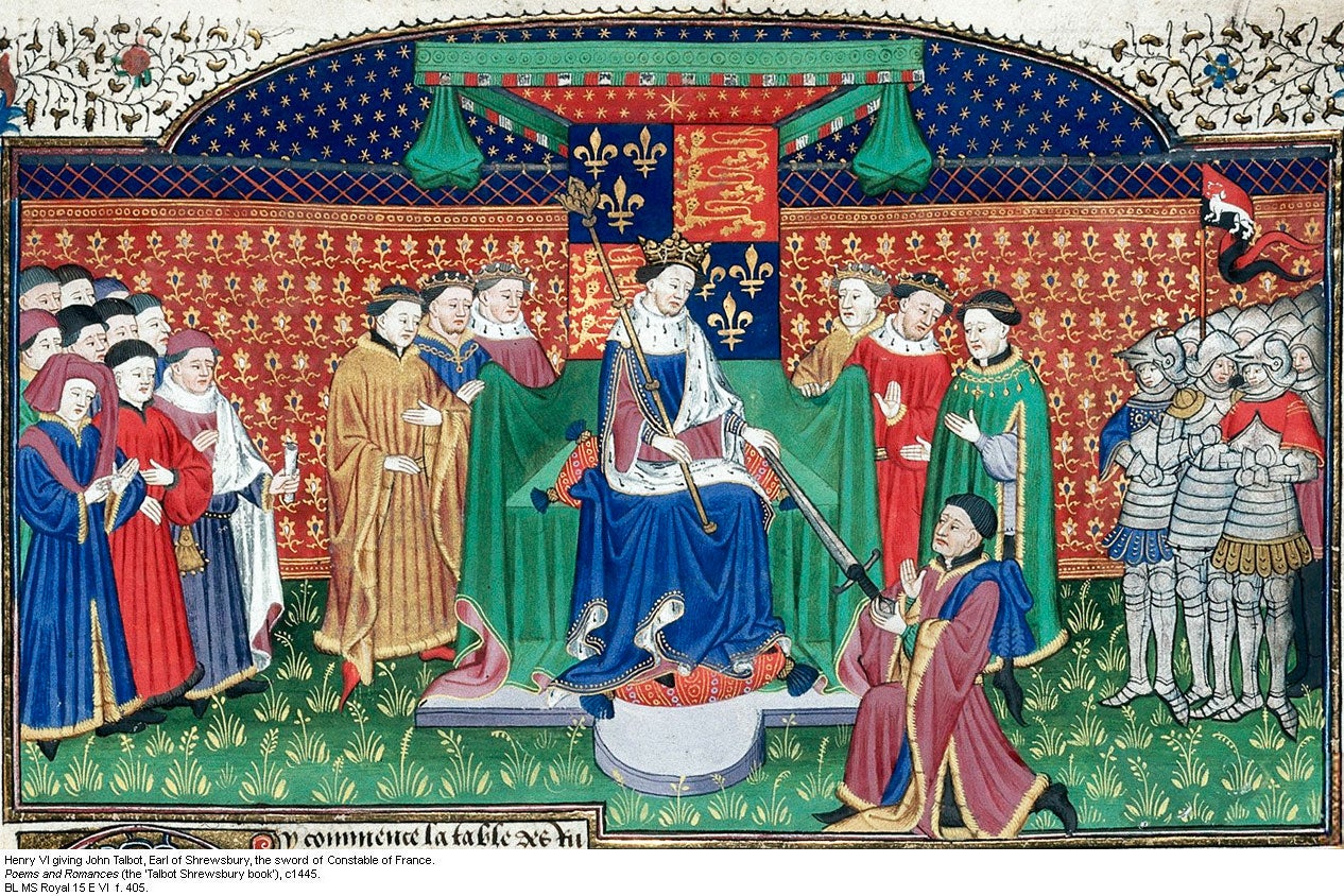 Henry VI giving John Talbot, Earl of Shrewsbury, the sword of Constable of France.
