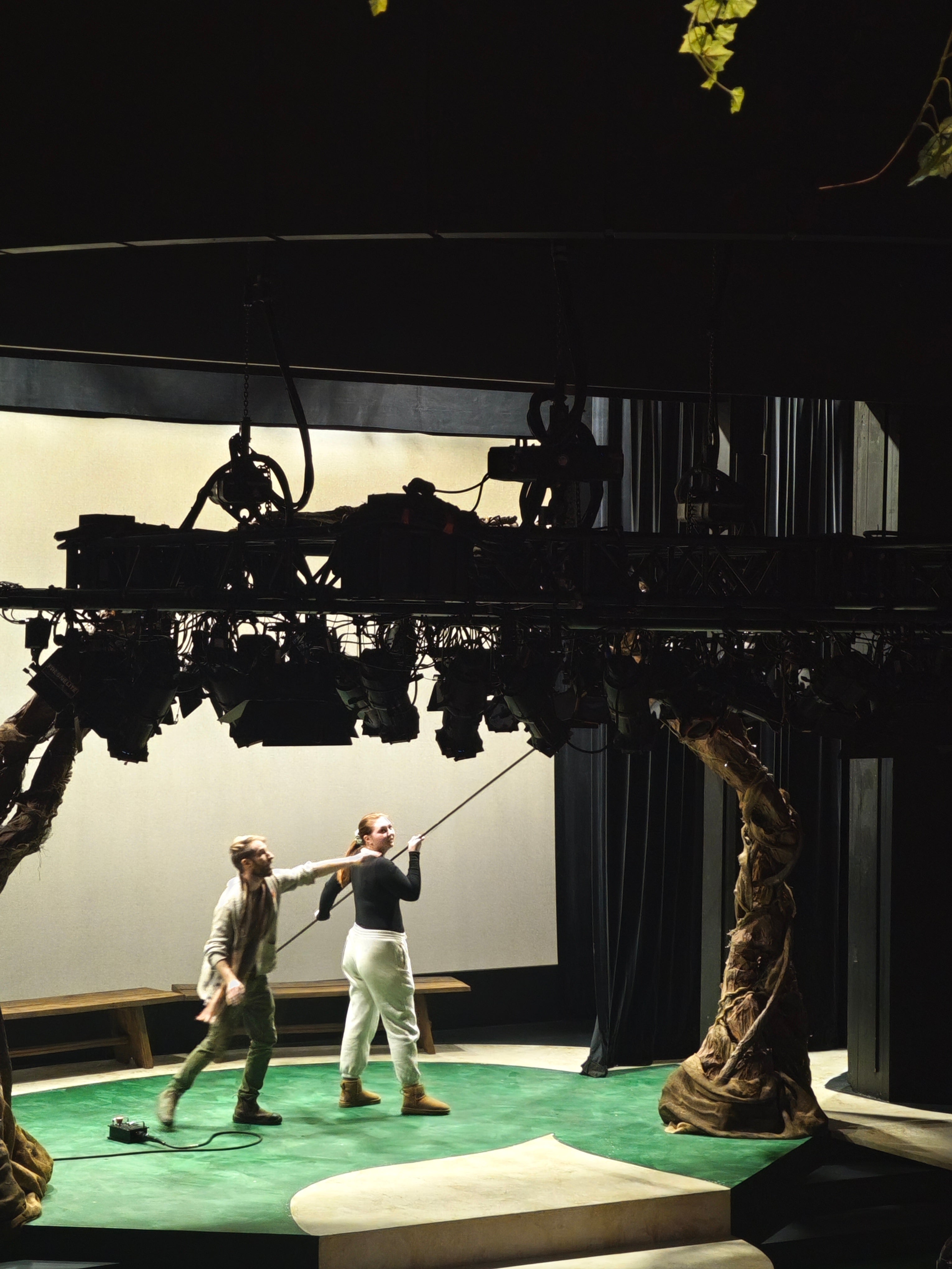 Props Coordinator Shaw Forgeron and Assistant Technical Director / Production Manager Emma Raynard use a long stick to set up the petal drop.