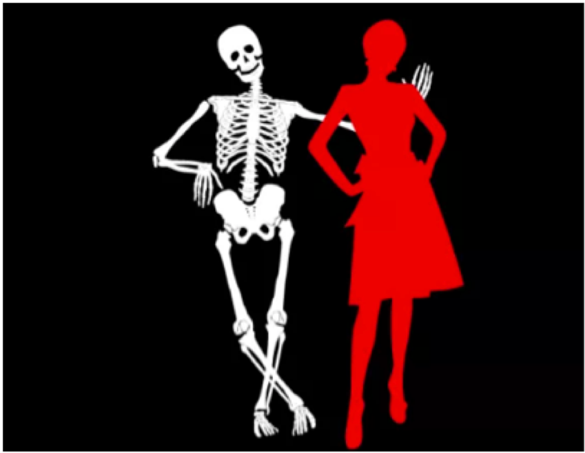 Skeleton and person in red dress