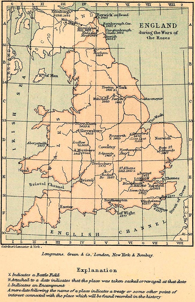 Map of England with Battle locations during the Wars of the Roses.