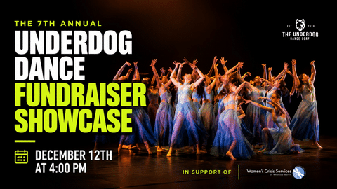 Underdog Dance text layered over a group of dancers on a dark stage
