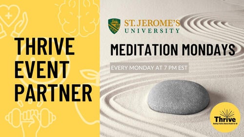 Thrive event partner on the left and rock in sand on the right with text Meditation Mondays
