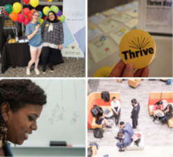 Collection of four photos with groups of people, a Thrive button, and two students wearing Thrive buttons
