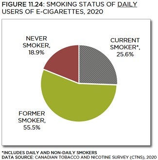 Pie chart showing smoking status of daily users of e-cigarettes in 2020. Trends described in text. Data table below with 95% confidence intervals.