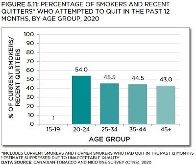 Bar chart showing percentage of smokers and recent quitters who attempted to quit in the past 12 months, by age group, in 2020. Trends described in text. Data table below with 95% confidence intervals.
