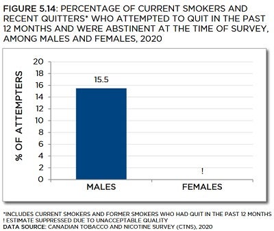 Bar chart showing percentage of current smokers and recent quitters who attempted to quit in the past 12 months and were abstinent at the time of survey, among males and females, in 2020. Trends described in text. Data table below with 95% confidence intervals.